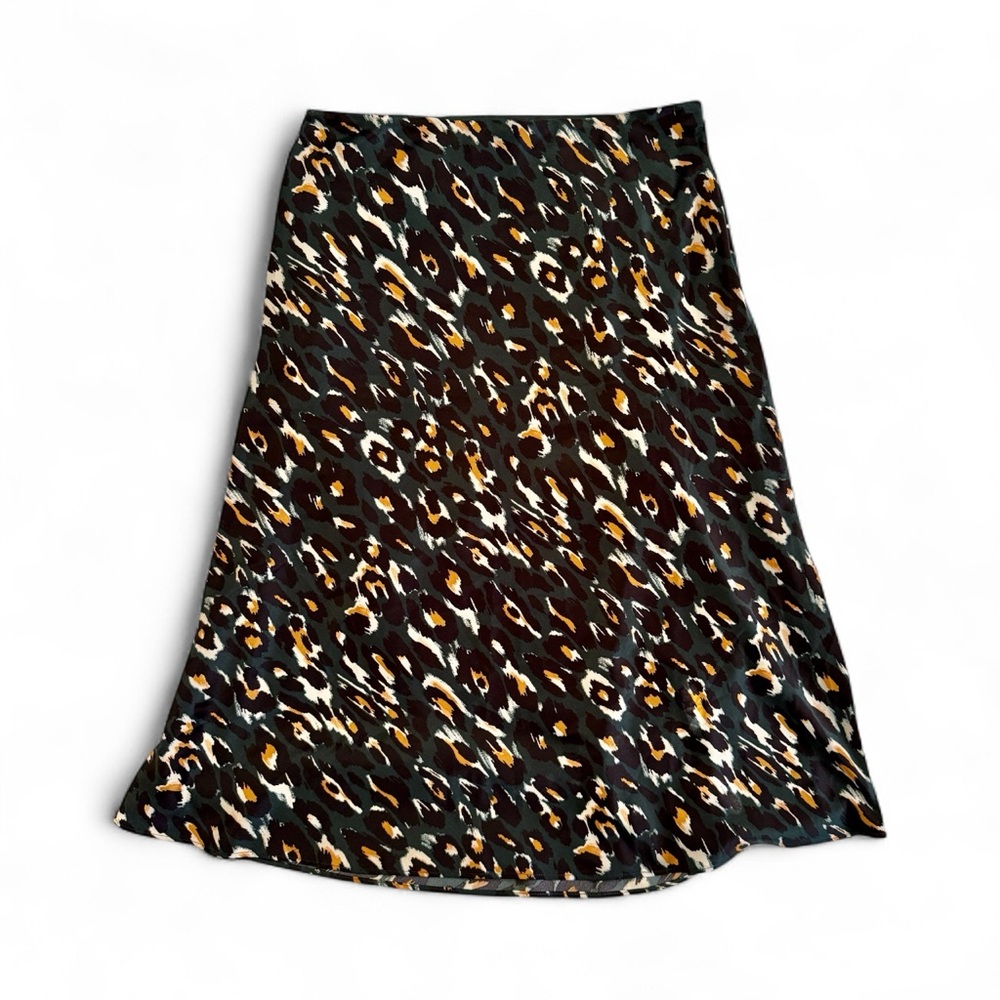 Express Dark Green Leopard Print Satin Silky Midi Slip Skirt Medium Autumn - Picture 2 of 8